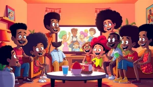 A lively family room scene showcasing diverse African American cartoons characters in a warm, colorful setting.