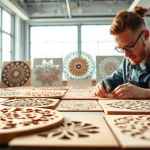 Showcasing intricate laser cutting designs crafted in a modern workshop with vibrant hues.