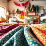 Bekijk wafelstof met diverse kleuren en patronen in een stralende werkplaats.