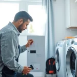 Repairing dryer in a bright laundry room emphasizes expert dryer repair near me services.