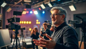 ดูหนังออนไลน์ ภาพนักกำกับทำงานในสตูดิโอภาพยนตร์พร้อมอุปกรณ์ถ่ายทำที่สว่างสดใส