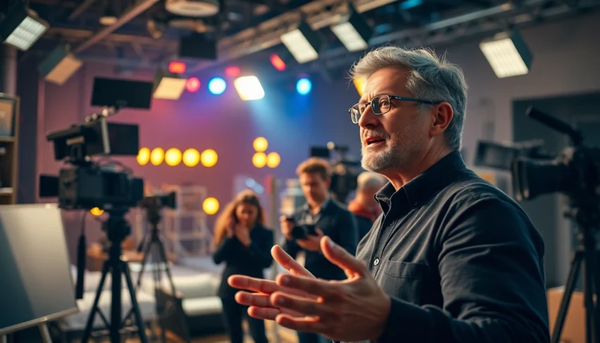 ดูหนังออนไลน์ ภาพนักกำกับทำงานในสตูดิโอภาพยนตร์พร้อมอุปกรณ์ถ่ายทำที่สว่างสดใส