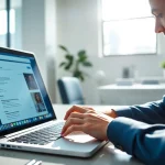 Scrape LinkedIn search results efficiently in a modern office setting with a professional at work.