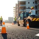 Workers applying surfacing solutions in a vibrant construction scene with paving equipment.