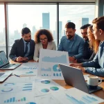 Visualizing a Content Gap Analysis with a team analyzing data and charts in a modern office.