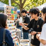 Custom acrylic pins showcased at a vibrant craft fair with artists and shoppers