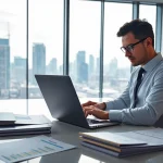 Analyze data regarding zero hedge in a modern office setting with dynamic lighting.