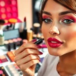 Engaging makeup courses featuring a makeup artist applying vibrant cosmetics in a professional studio.