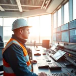 Engineering professional analyzing rail systems in a modern control room.