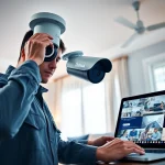 Cámaras Dahua siendo instaladas por un técnico en un hogar moderno, representando soluciones de seguridad avanzadas.