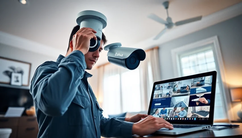 Cámaras Dahua siendo instaladas por un técnico en un hogar moderno, representando soluciones de seguridad avanzadas.