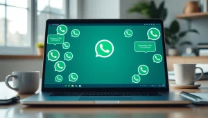 Engaging CRM for WhatsApp conversation interface on a laptop in a professional workspace.