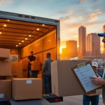 Experienced long distance movers Calgary efficiently packing boxes into a moving truck against a sunset skyline.