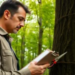 Tree Consultancy expert analyzing tree health in a vibrant forest, showcasing professionalism and care.