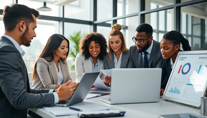 Engaged professionals discussing competitive intelligence faqs in a bright modern office.