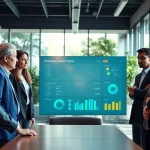 Collaborative team analyzing an enterprise search engine dashboard in a modern office setting.