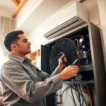 HVAC services Minneapolis technician repairing heating unit in a bright home.