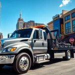 Flatbed towing Nashville service in a vibrant cityscape with a tow truck on display.