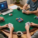 Engaged players enjoying CM88 TRANG CHỦ live poker session at home with strategic notes.