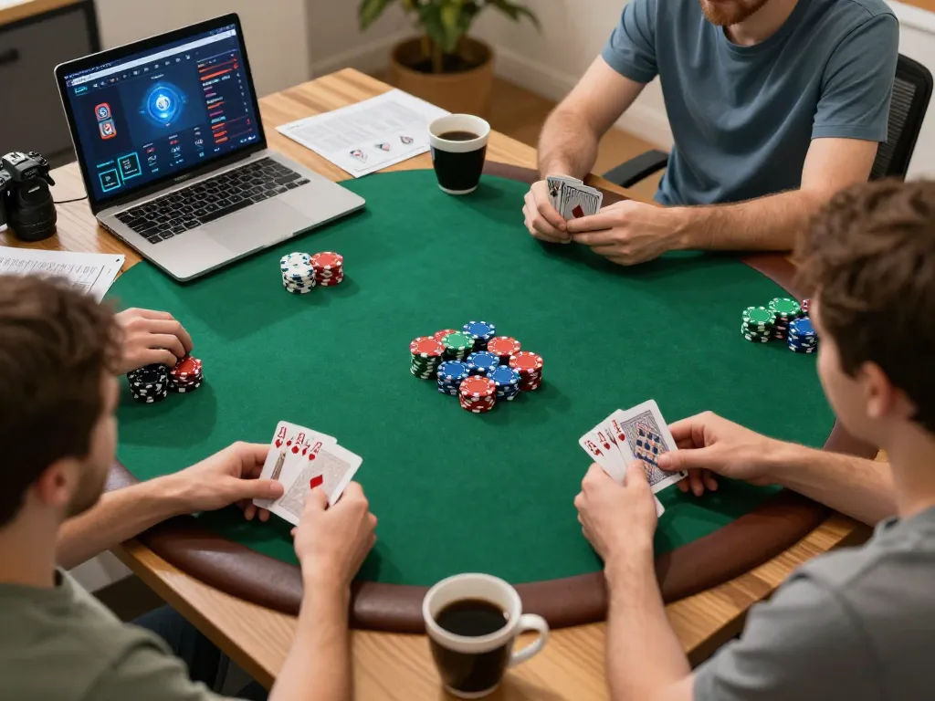 Engaged players enjoying CM88 TRANG CHỦ live poker session at home with strategic notes.