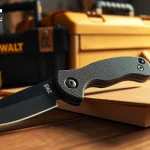 DeWalt knife slicing through cardboard on a workbench, showcasing its precision and design.