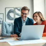 Career consultant guiding a client in a bright office, showcasing their engaging discussion and professional resources.