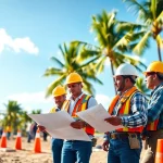 Hawaii construction association teamwork showcased by workers on a vibrant building site.