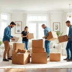 House removal companies efficiently packing a stylish living room, showcasing professionalism and care.