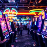 Slot77 mesin permainan di lingkungan kasino yang bersemangat dengan cahaya neon yang cerah.