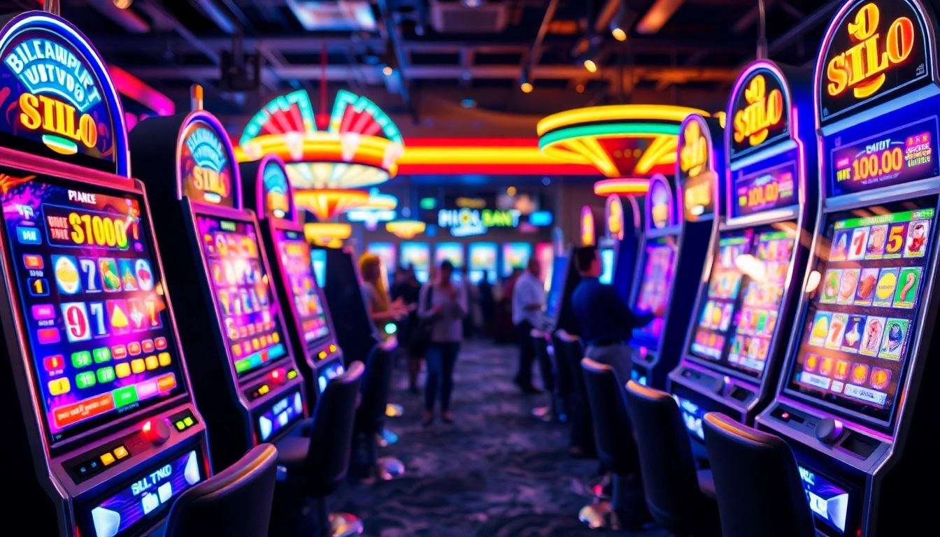 Slot77 mesin permainan di lingkungan kasino yang bersemangat dengan cahaya neon yang cerah.