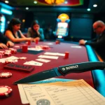Skilled players at a casino poker table use a DeWalt knife for prepping cards and chips, enhancing strategy.