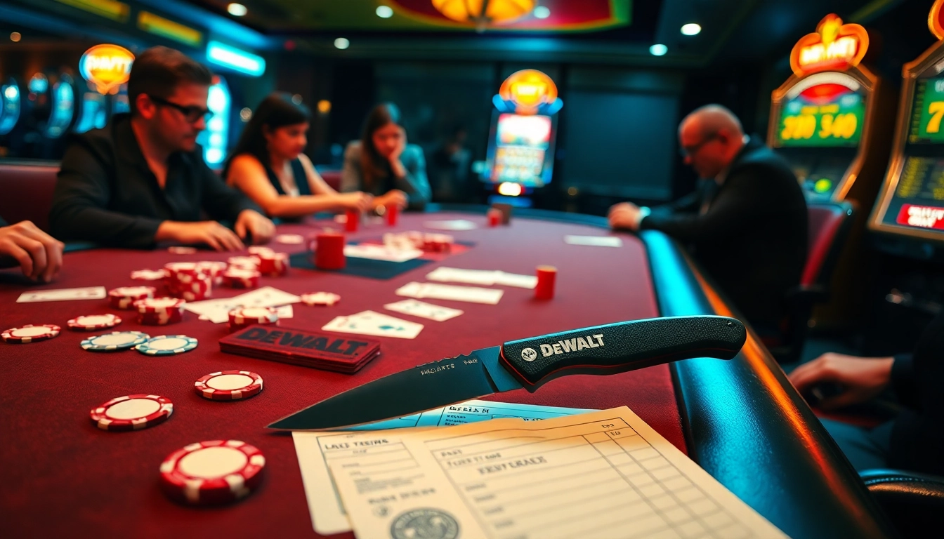 Skilled players at a casino poker table use a DeWalt knife for prepping cards and chips, enhancing strategy.