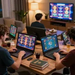 SC88 players enjoying an online casino gaming session at home with various games displayed on their devices