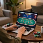Playing KK55 online casino games on a cozy sofa, combining relaxation with strategic gameplay
