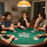 Friends enjoy a poker night at home, emphasizing strategies and camaraderie at 123b-bm.
