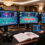 Kubet player strategizing with multiple screens in an elegant online casino environment.