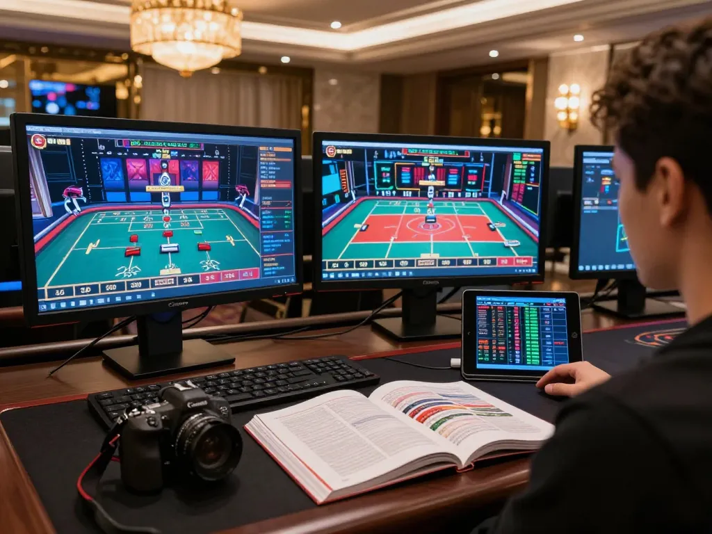 Kubet player strategizing with multiple screens in an elegant online casino environment.