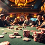 8win poker table scene with enthusiastic players and vibrant casino atmosphere.