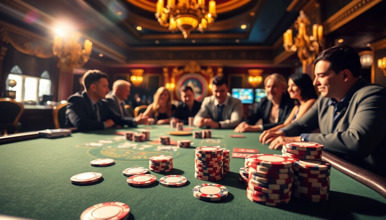8win poker table scene with enthusiastic players and vibrant casino atmosphere.