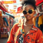 Stylish model showcasing vibrant fashion trends in a lively outdoor market.