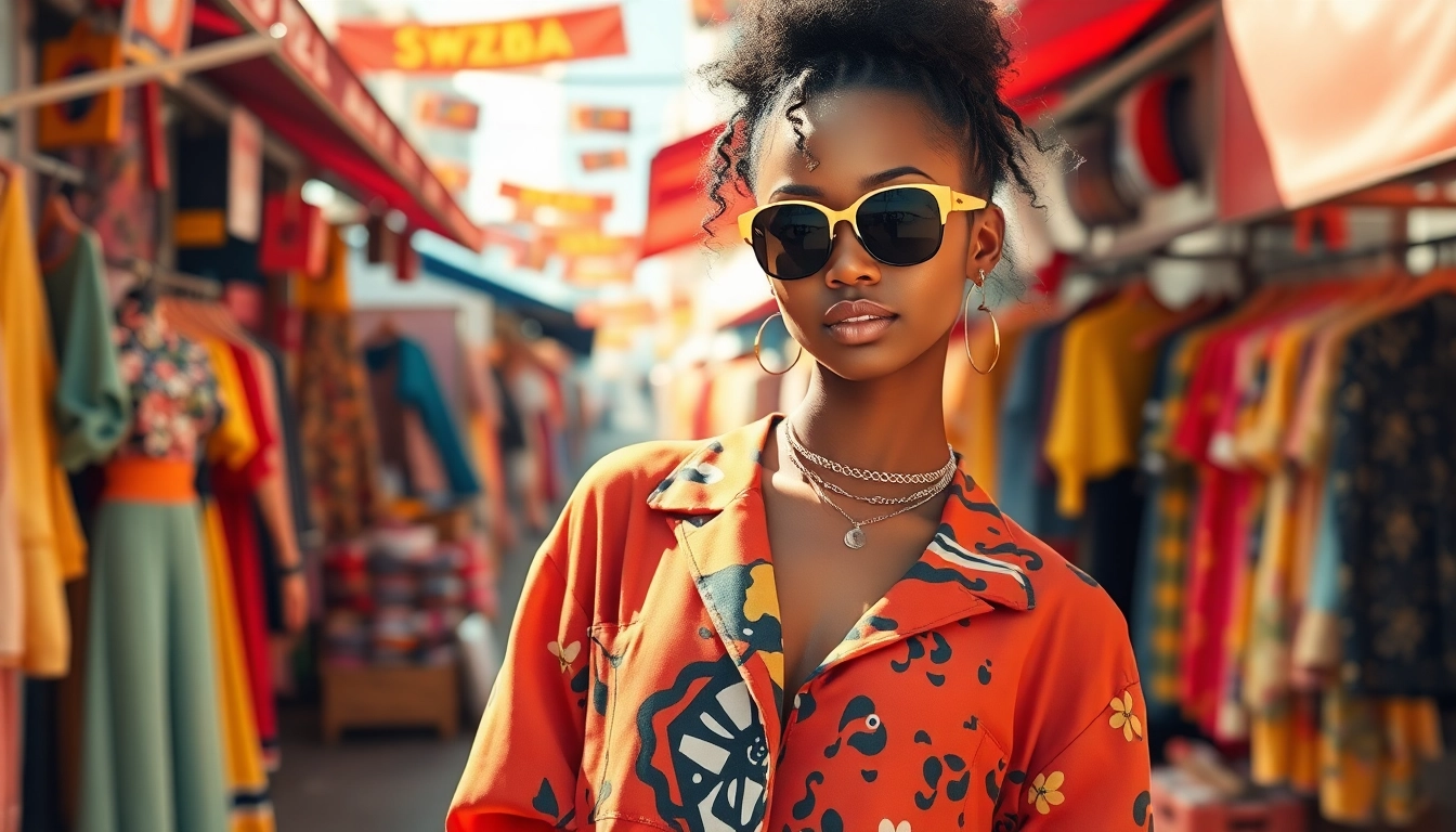 Stylish model showcasing vibrant fashion trends in a lively outdoor market.