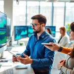 Active digital marketing strategist discussing strategies within a vibrant office setup.