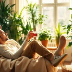 Capture the essence of Life in a Break Down with an individual in a serene, plant-filled setting.