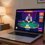 Engaging with CM88 TRANG CHỦ poker game on a stylish home laptop, dynamic betting actions