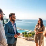 Engaging real estate in Alanya discussion with agents on a sunny terrace overlooking the Mediterranean.