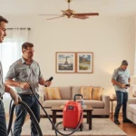 Bed bug exterminators demonstrating effective pest control in a residential home.