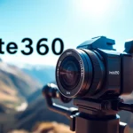 Capture stunning moments with the Insta360 camera, showcasing its sleek design in a breathtaking landscape.