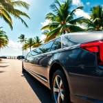 Limo in Miami Florida parked elegantly on a vibrant street with palm trees and city skyline.