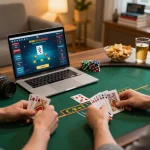Engaging online poker game showing hands placing bets, ideal for open888 gambling strategy.