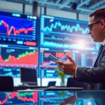 Live analysis of BK stock price with charts and financial data on screens